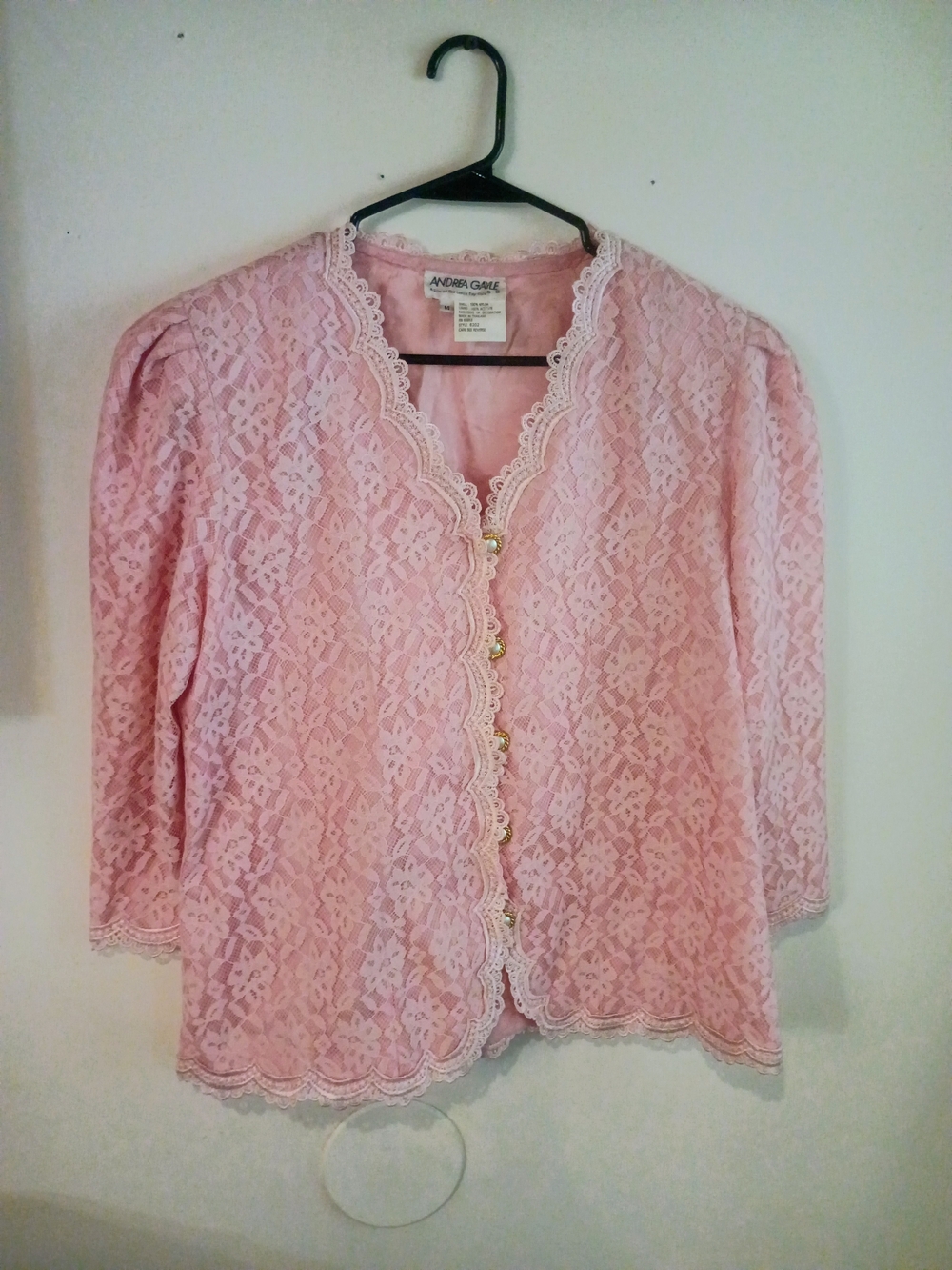 Vintage Andrea Gayle Pink Lace Top Scalloped Button Down Blouse Size 14